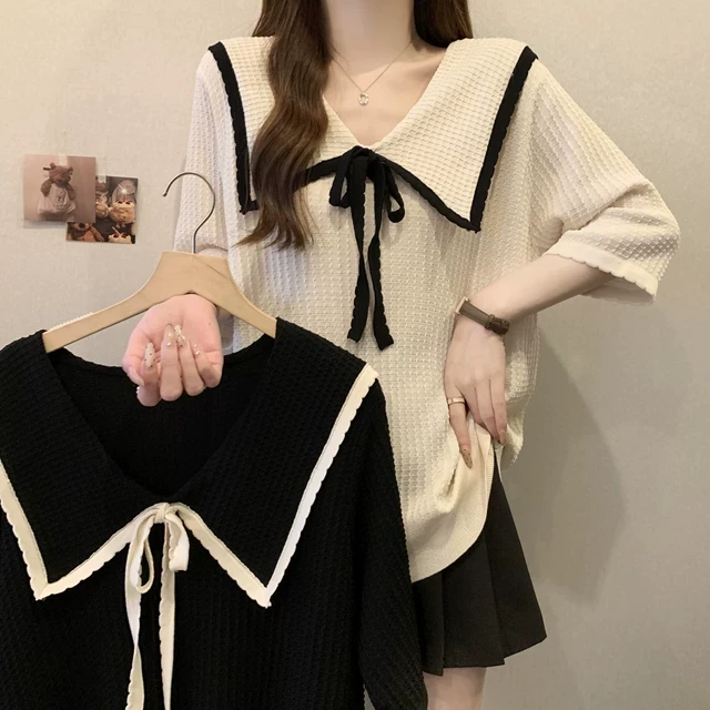 大码微胖短袖针织T恤女2025新款夏季复古蝴蝶结胖MM显瘦宽松上衣