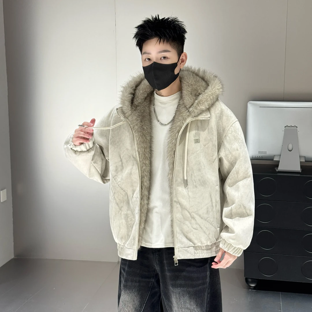 新款设计感高级宽松加绒加厚男士冬季连帽牛仔夹克