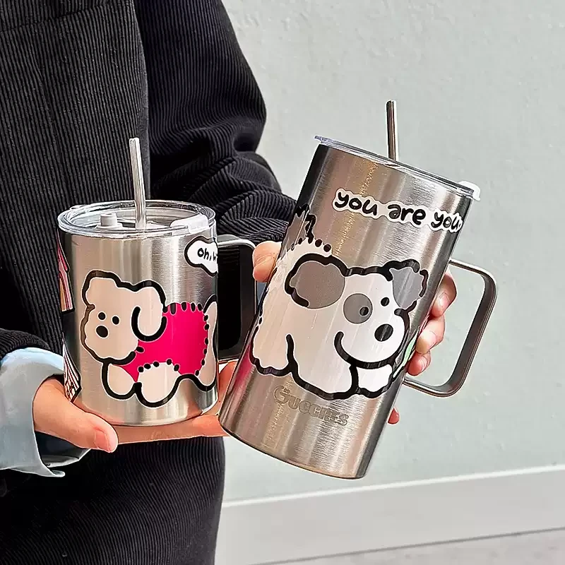 Gucgres高颜值不锈钢保温杯带把手吸管杯子女生保冷冰霸杯咖啡杯