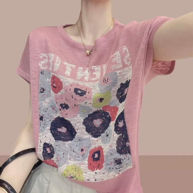 欧货圆领花朵短袖T恤女2024新款爆款夏季甜辣上衣印花漂亮打底衫