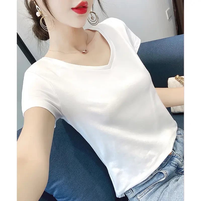 白色短袖t恤女2025年新款夏季纯色显瘦修身半袖V领上衣内搭女体恤