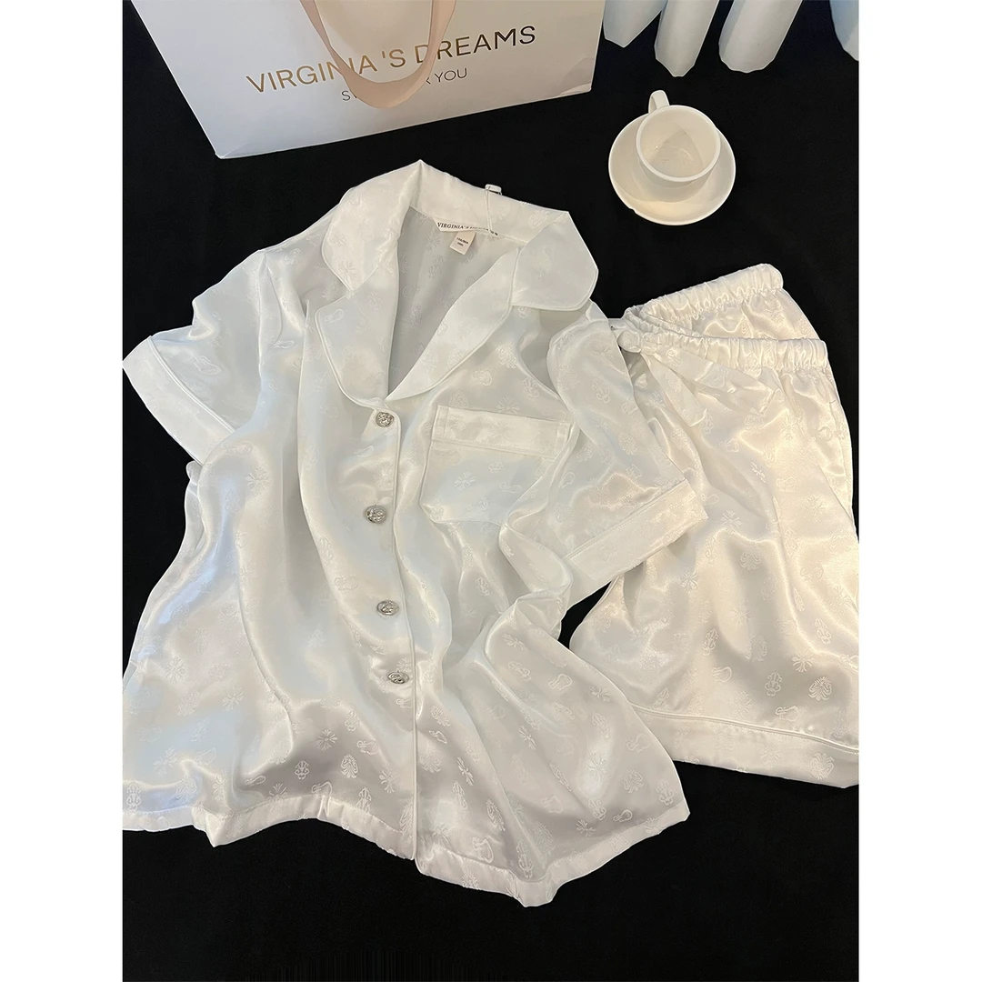 轻奢风白色缎面冰丝短袖睡衣女夏季新款高级感舒适亲肤家居服套装