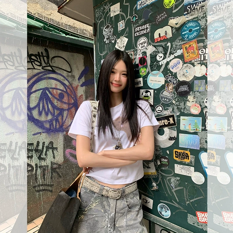 大耳朵lumoder短袖打底U型领印花时尚ins短款宽松T恤D5T1810