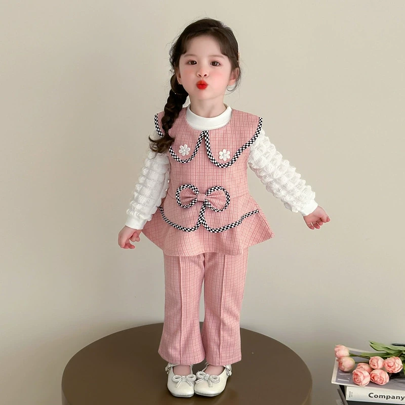 女童套装春秋款2025新款儿童洋气宝宝蝴蝶结小香风春装韩版三件套