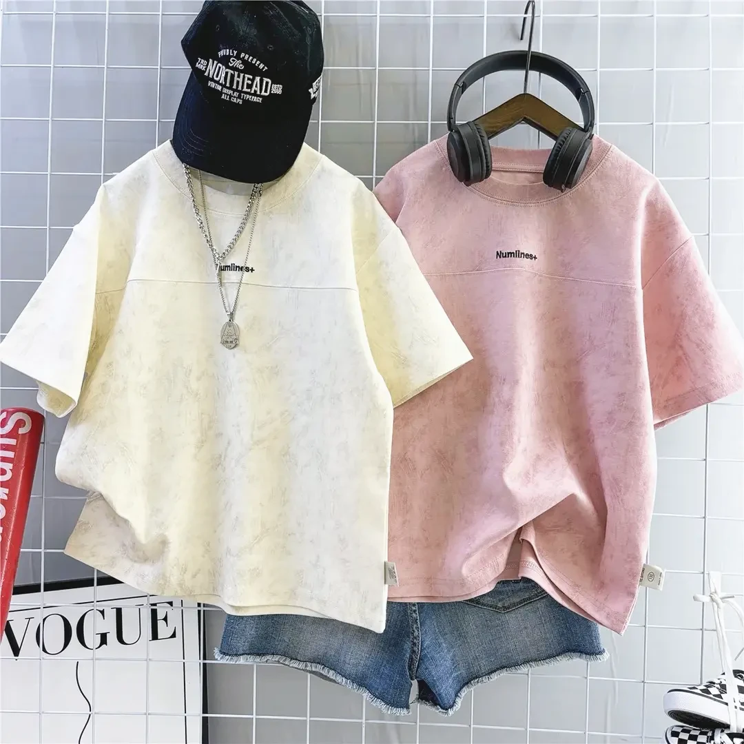 男童夏新款纯棉短袖T恤2025新款中大童百搭时尚扎染刺绣韩版潮牌