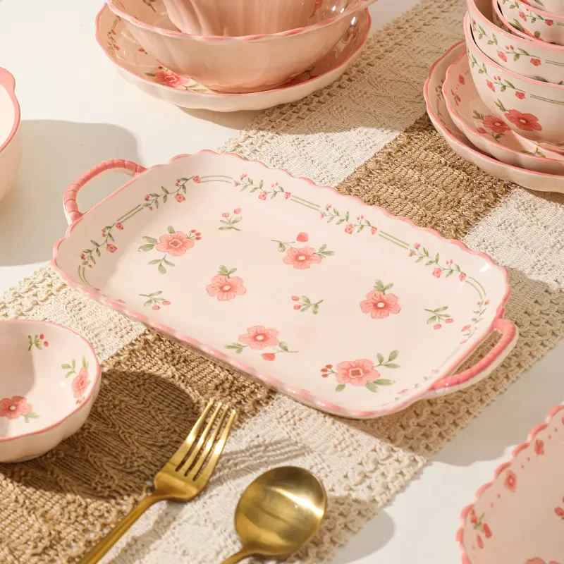 【红釉桃花】12英寸双耳鱼盘碎花陶瓷釉下彩工艺家用大菜盘深盘鱼碟