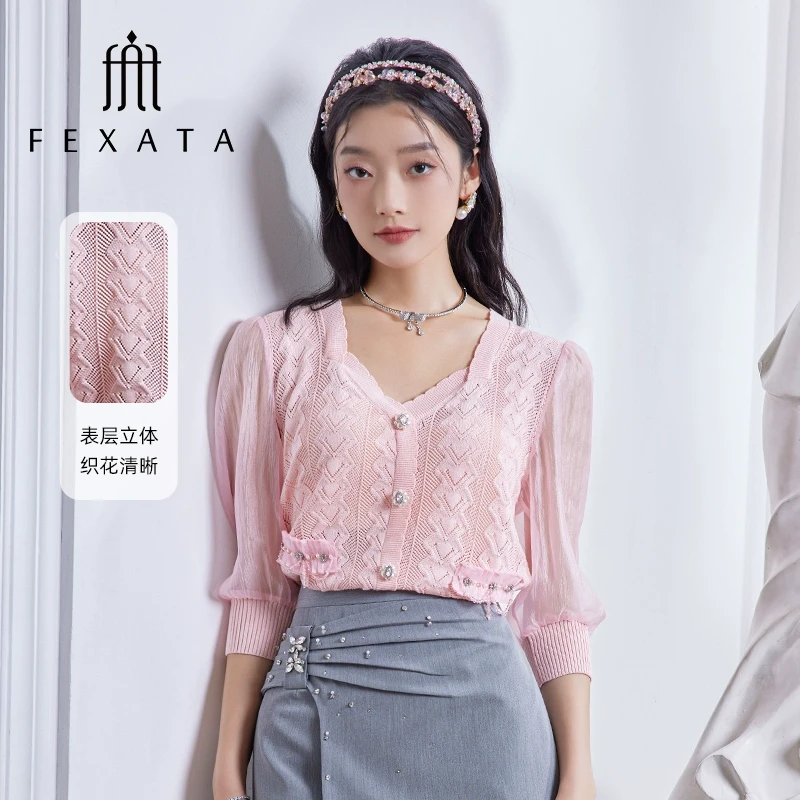 【白姐专属】FEXATA斐格思网纱袖钉珠气质方领少女粉针织衫F41C0209