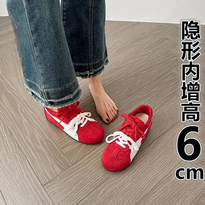 内增高6cm真皮百搭运动德训鞋女2025新款复古圆头阿甘赛车休闲鞋