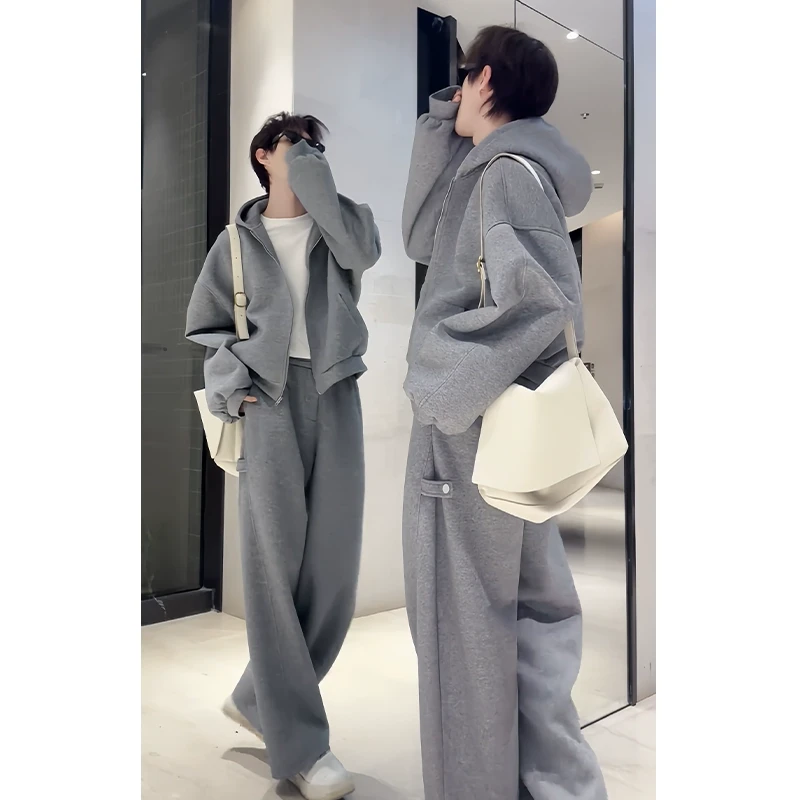 灰色连帽开衫卫衣男春秋季美式休闲运动套装重磅硬挺oversize外套