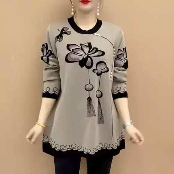 2025秋季新款妈妈民族风遮肚子长袖针织衫中长款时尚毛衣中年上衣