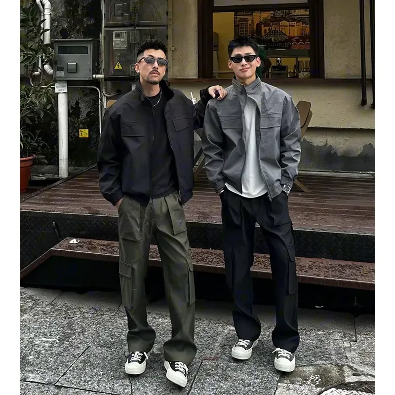美式cleanfit短款工装夹克高级感痞帅立领正肩外套男秋季运动上衣