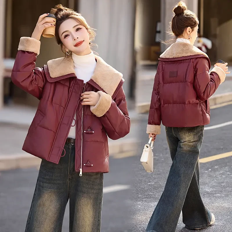 韩版牛角扣PU皮短款羽绒服女2024年冬季新款小个子加厚白鸭绒外套