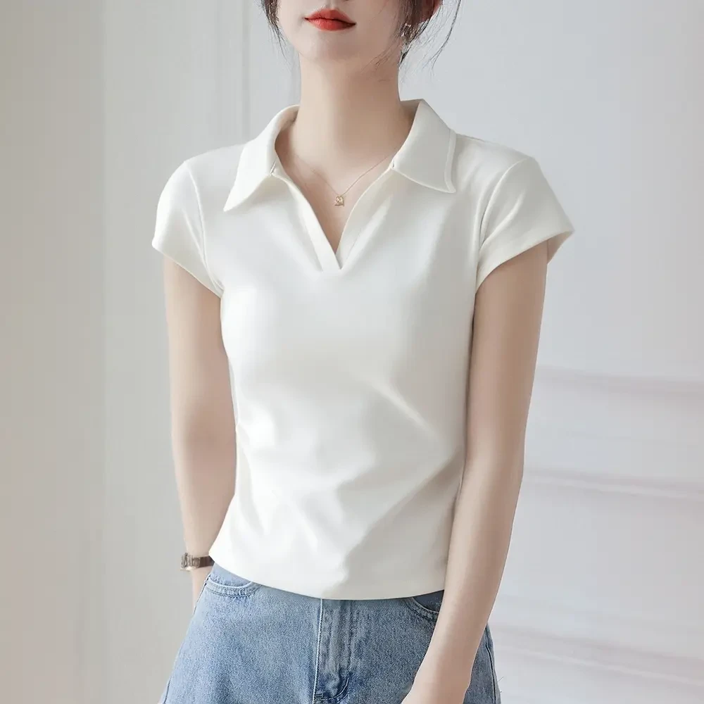POLO领白色短袖T恤女夏2025新款爆款修身正肩百搭打底衫通勤上衣
