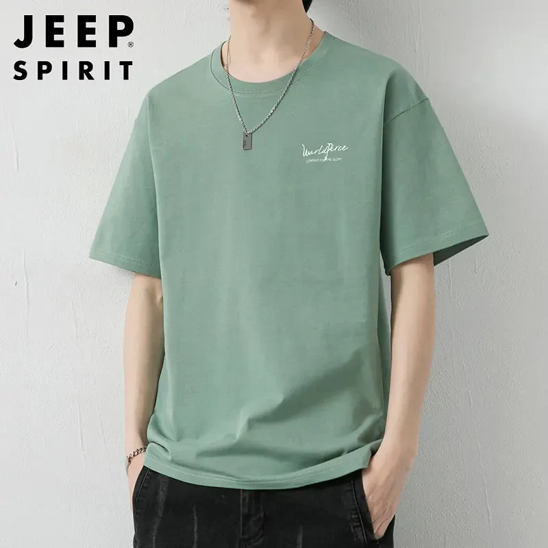 JEEPSPIRIT全棉短袖t恤男士夏季薄款潮牌宽松圆领体恤浅绿休闲T恤