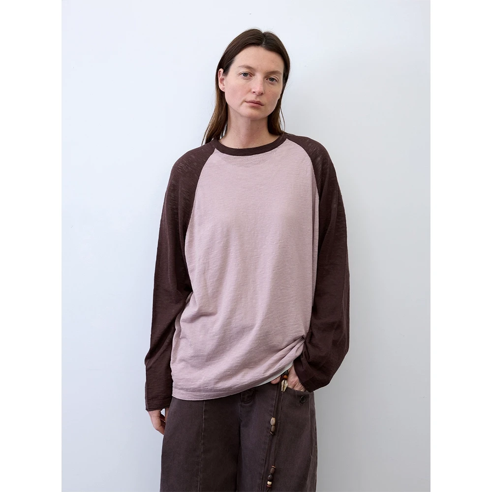 RandomPiece25春新品 棉麻混纺轻薄柔软舒适局部撞色设计长袖T恤