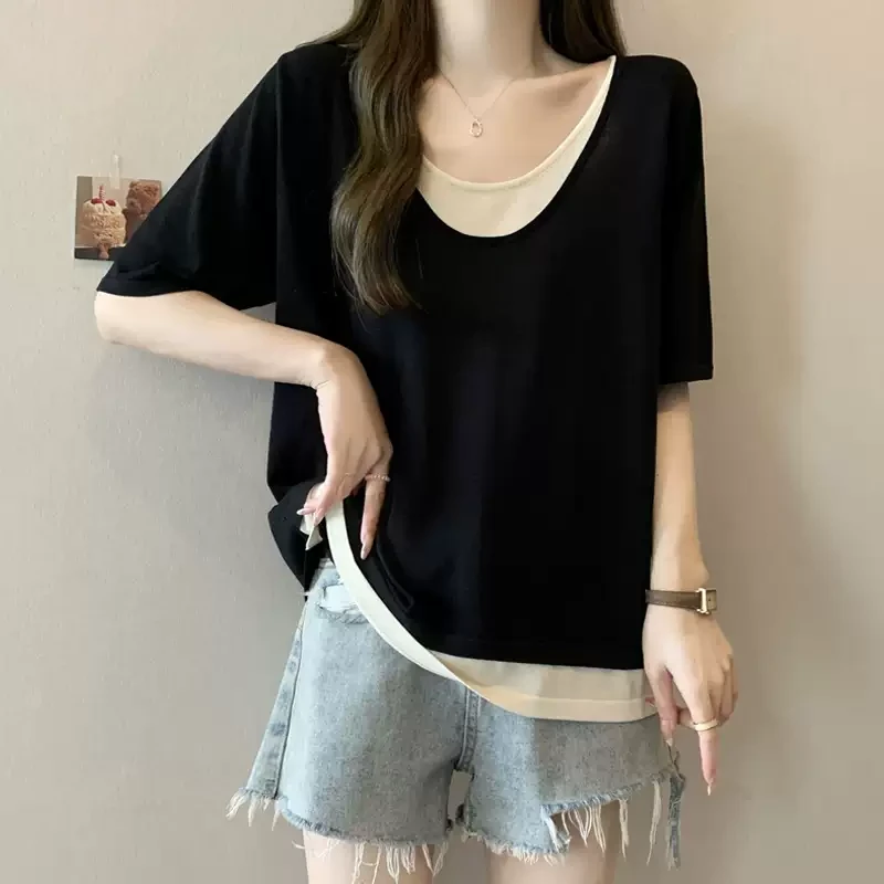 假两件条纹V领正肩冰丝短袖T恤女夏大码胖mm宽松显瘦遮肚漂亮上衣