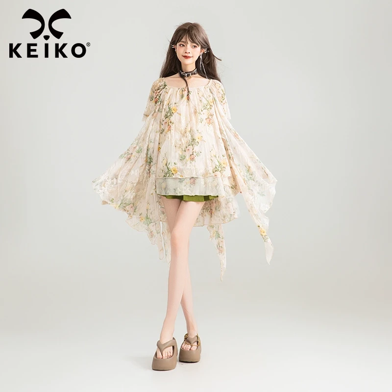 KEIKO[丝线绣花]不规则飘带碎花连衣裙夏季荷叶边短裙流光