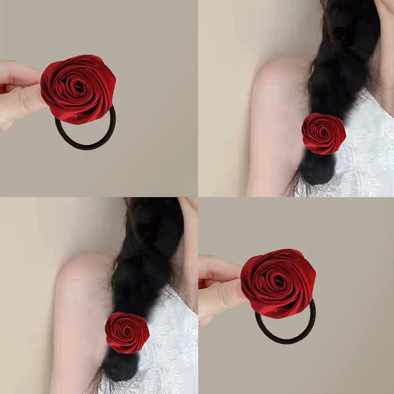 迷人玫瑰！法式缎面玫瑰花发圈！马尾头绳复古高级感皮筋发绳发饰