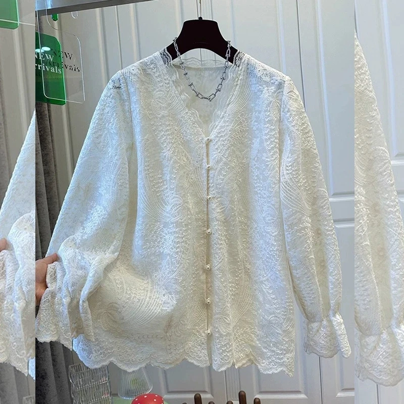 长袖衬衫女2025春秋新款漂亮小衫胖妹妹设计感小众蕾丝上衣高级感