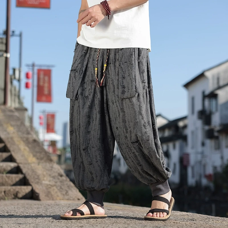 破洞裤子男士设计感垂感重磅卫裤新中式男装春夏宽松束脚哈伦裤潮