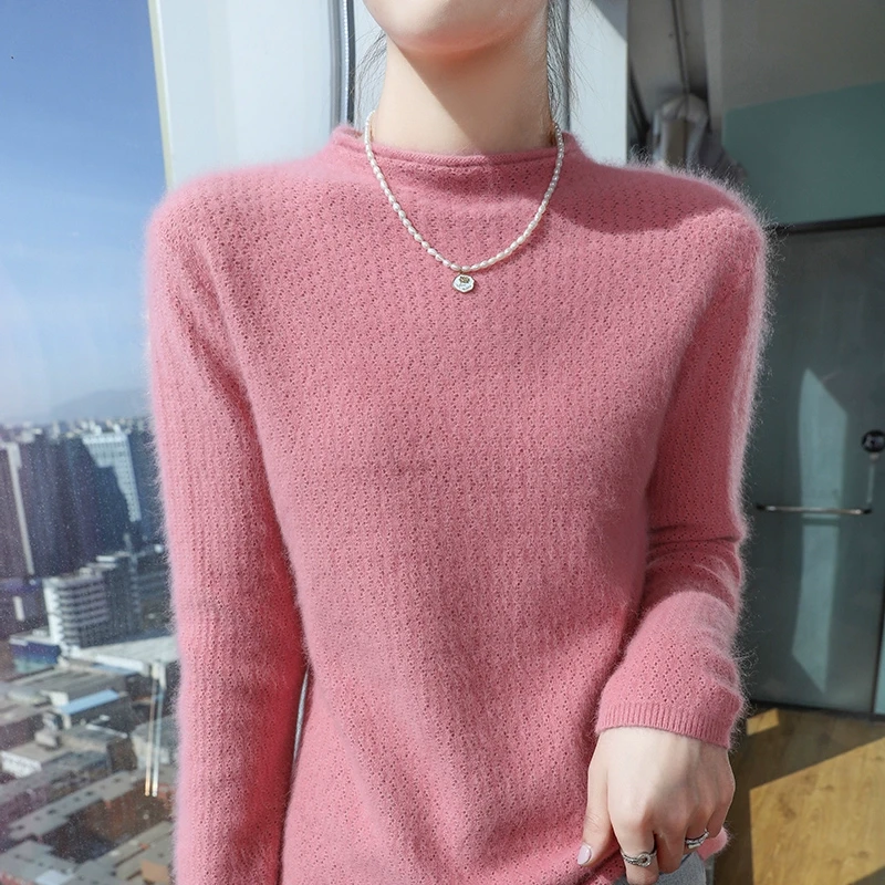 秋冬季貂绒衫女卷边半高领套头宽松打底衫纯色针织羊毛衫长袖毛衣