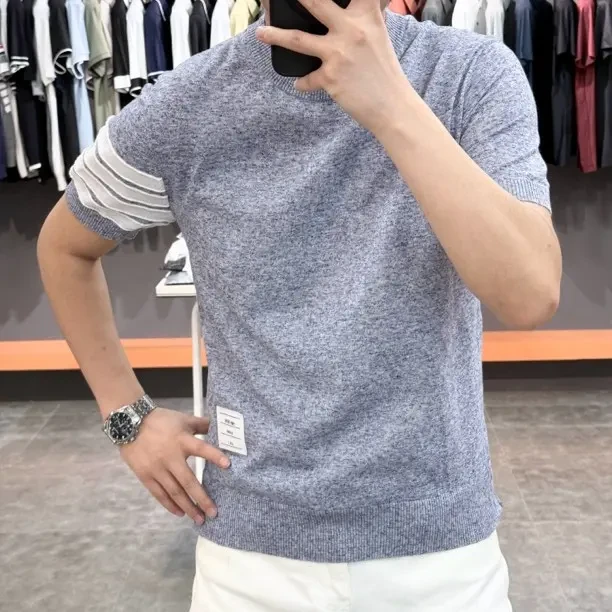 男款休闲圆领条纹春秋常规混纺针织短袖T恤轻奢修身半袖上衣春秋