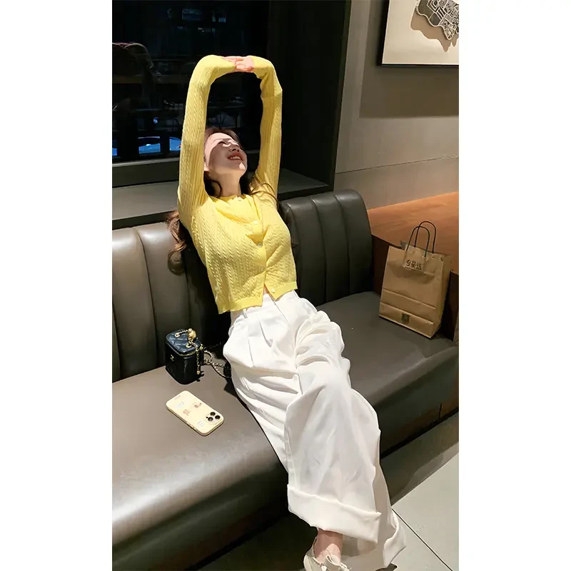 2025新款女士早春季韩系奶黄色休闲宽松针织开衫上衣高腰阔腿裤