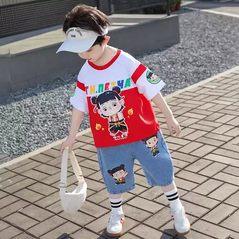男童夏季哪吒套装2025新款帅气男孩两件套洋气宝宝儿童夏装短袖薄