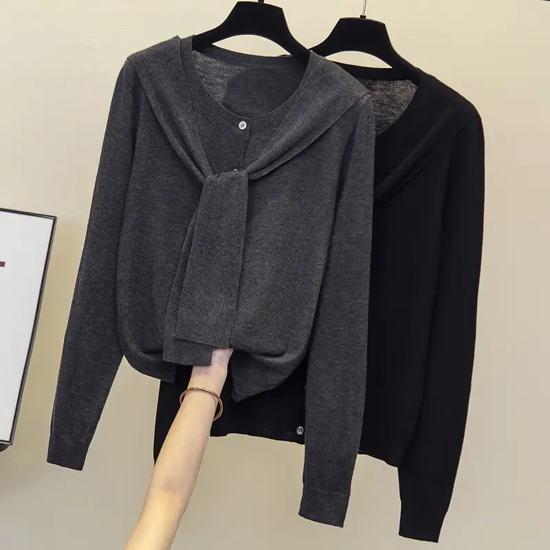 胖MM遮肚子显瘦针织衫女秋季新款大码宽松百搭假两件开衫披肩上衣