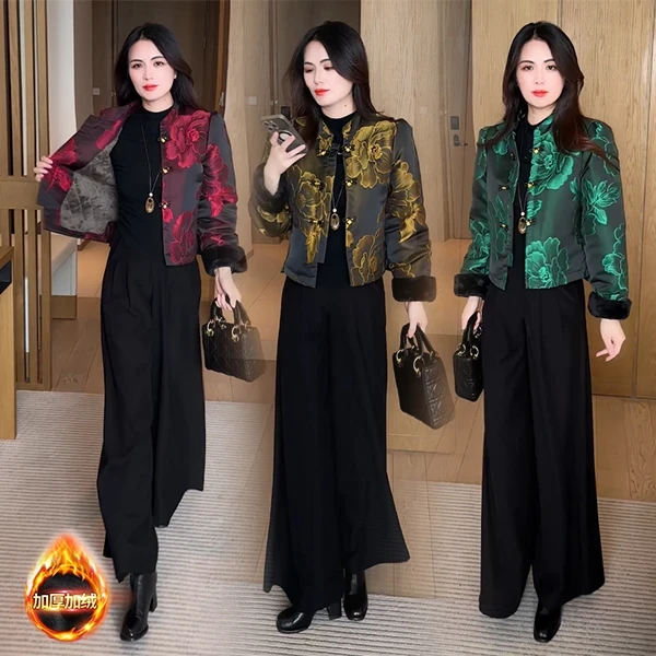 时尚国风加厚短款外套女冬季新款气质百搭新中式盘扣提花夹棉上衣