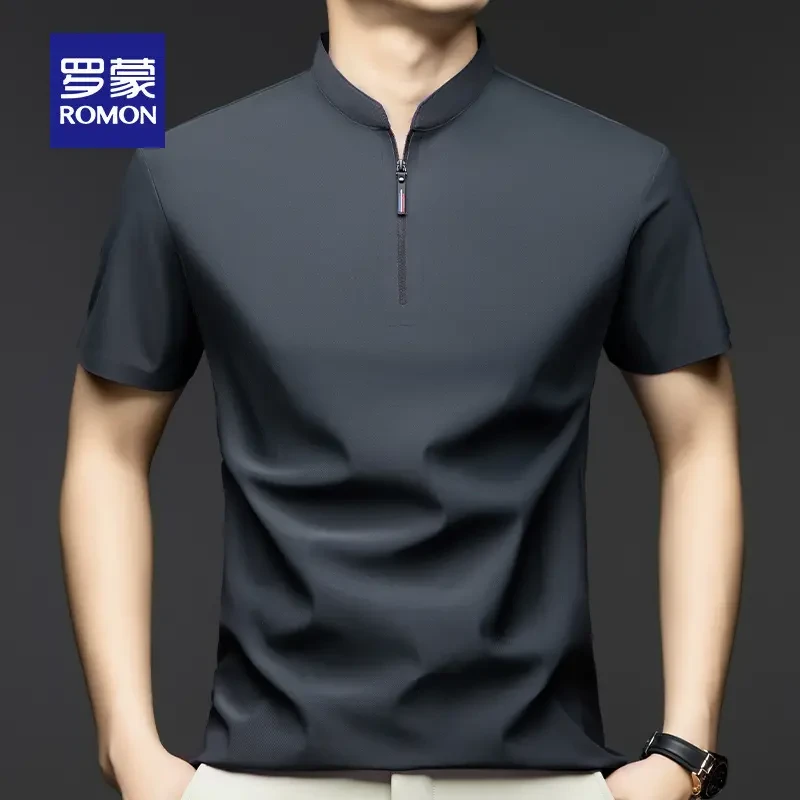 罗蒙夏季新款轻盈打底纯色短袖修身男士上衣薄款半拉链立领T恤潮