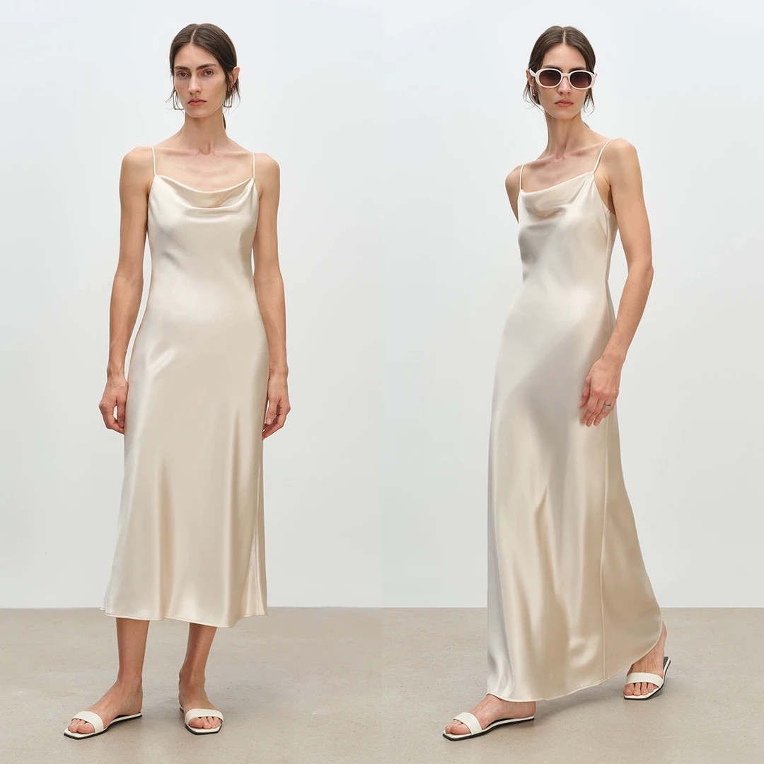 MSBEAST浪漫不规则荡领_美国超光感醋酸缎面中长/长款吊带连衣裙
