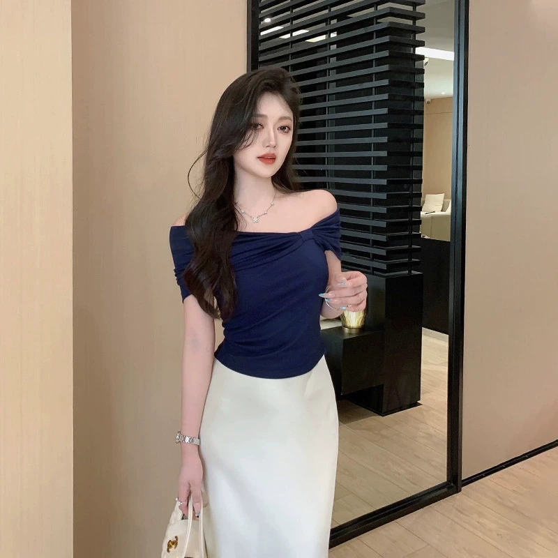 林关关【盛夏午后】法式气质修身设计感御姐斜肩T恤春夏显瘦上衣女