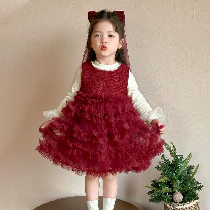 女童圣诞红色拜年服连衣裙秋冬季儿童宝宝加绒新年过年服公主裙子