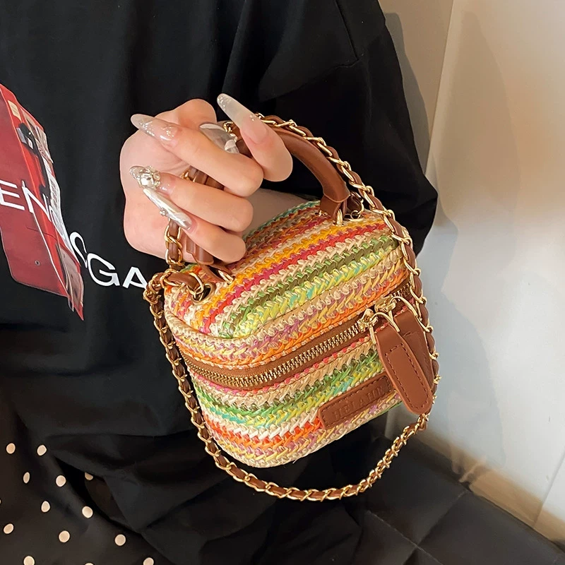 贻华彩虹草编小清新潮流行春夏时尚单肩斜挎包盒子女包通用款女包