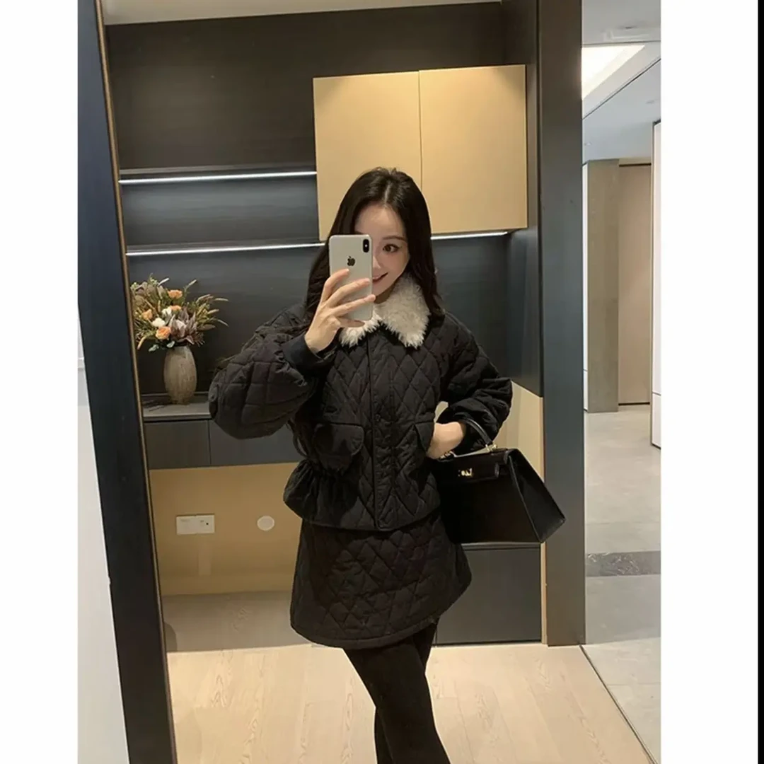 冬季小香风菱格毛领棉服高腰半裙两件套财阀千金风显瘦大码尹千金
