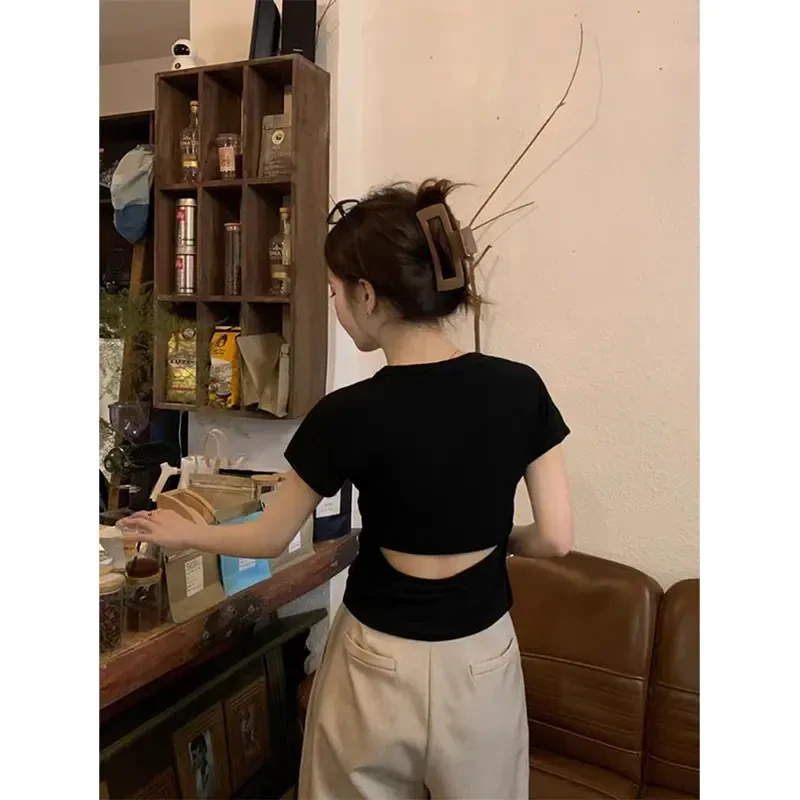 设计感镂空露背短袖T恤女夏季修身收腰正肩体恤辣妹显瘦短款上衣