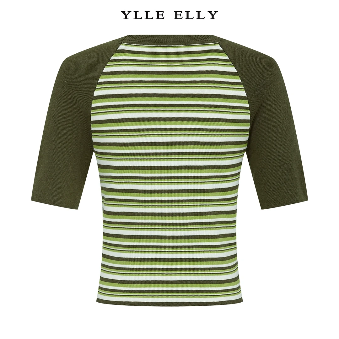 【芊芊专属】条纹针织T恤2024春季新款撞色天丝打底衫女