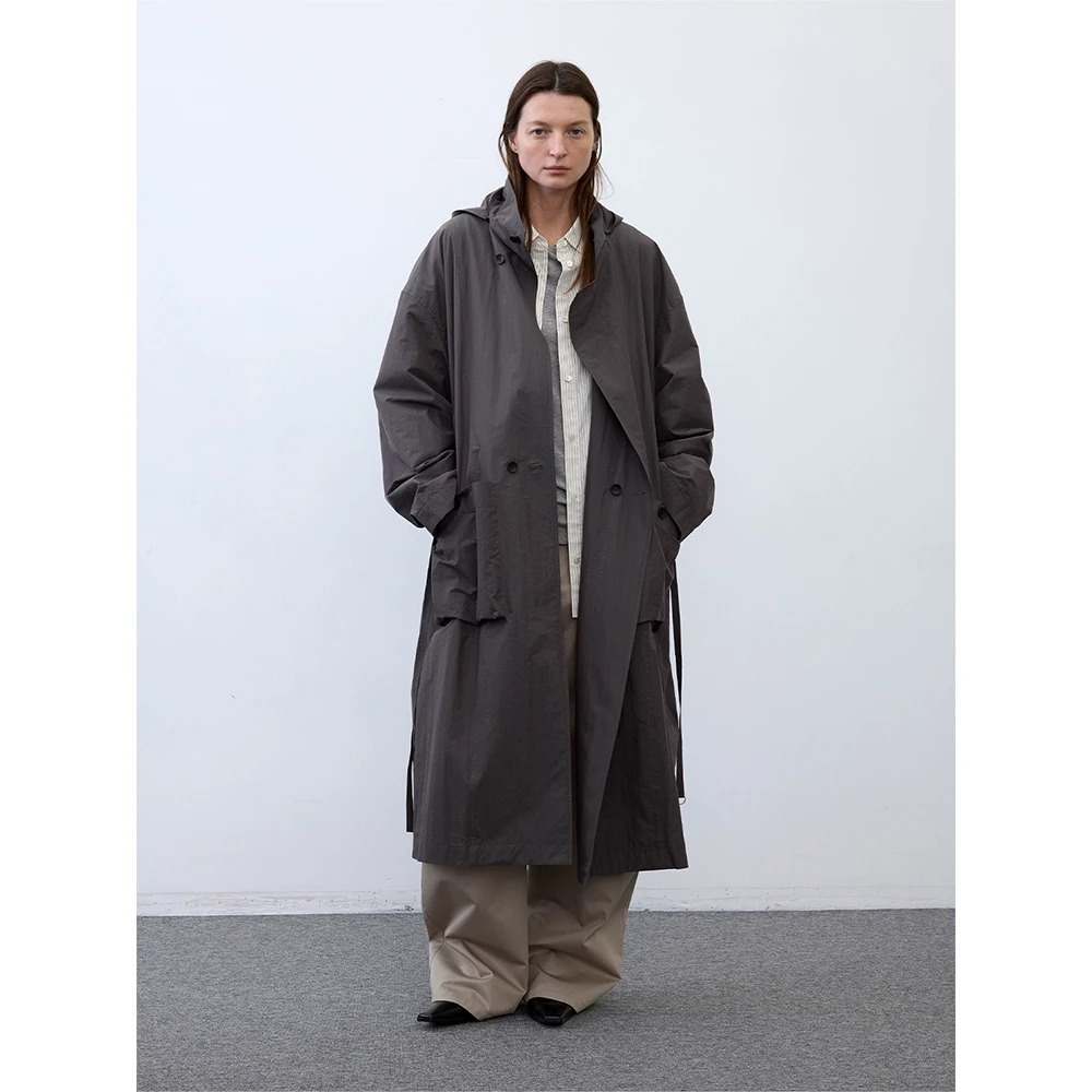 RandomPiece25新品 进口面料可拆卸连帽领两侧大口袋长款风衣外套