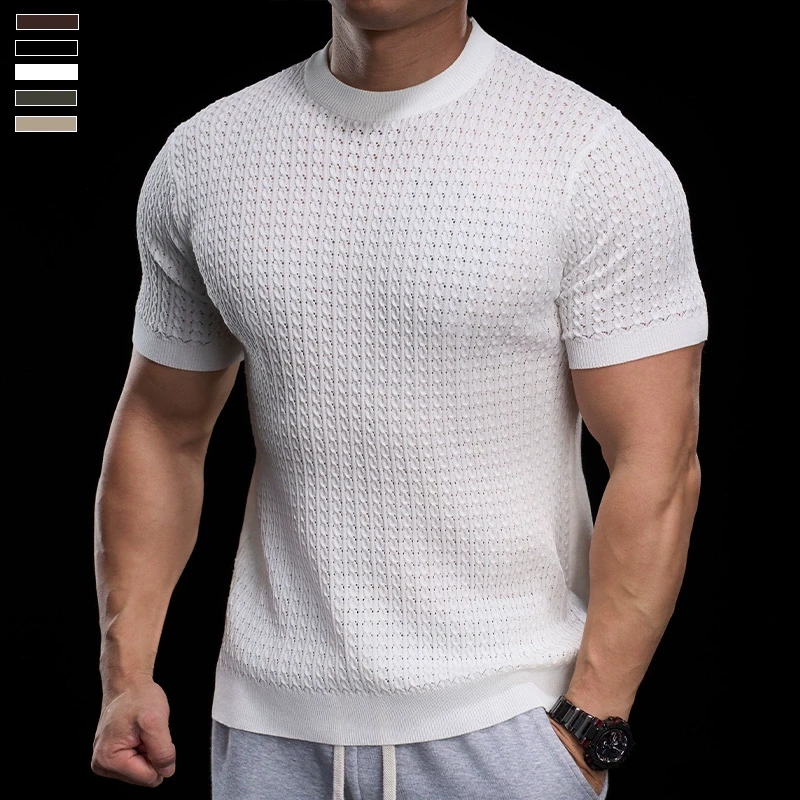 霸道肌肉针织短袖男士英伦轻熟风镂空冰丝透气修身T恤上衣打底衫