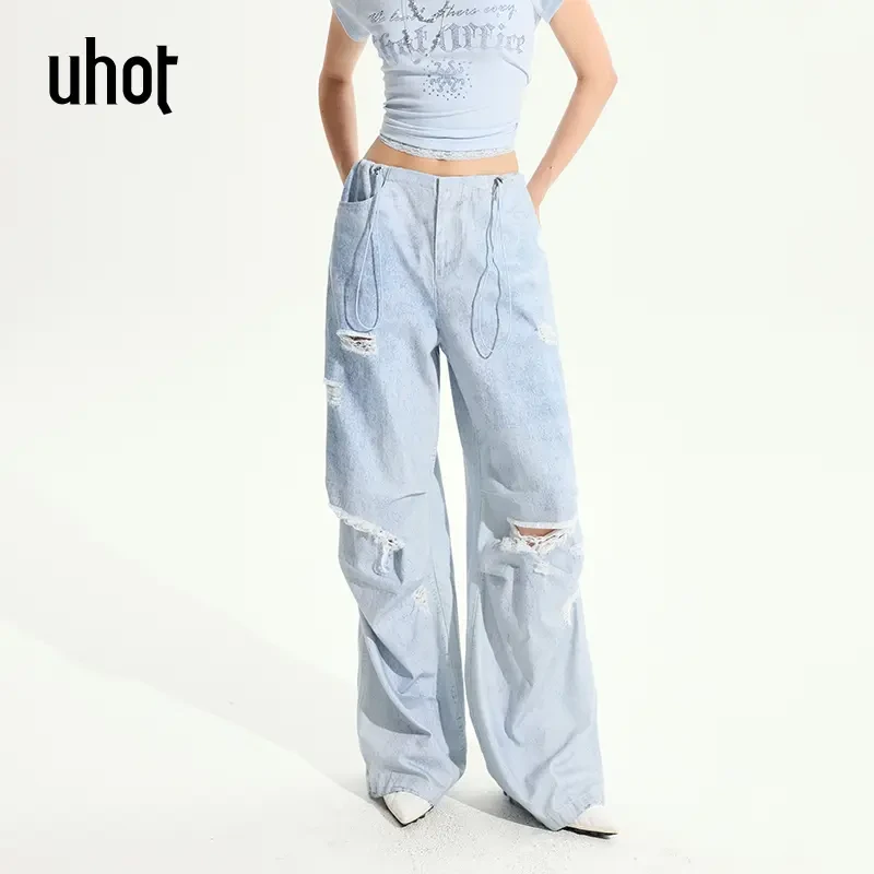 UHOT 蓝色捏褶破洞设计感复古时尚美式牛仔长裤休闲百搭UWWR1K354