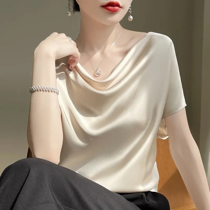 堆堆领上衣女短袖25夏新款荡领纯色T恤狂飙大嫂同款缎面小衫