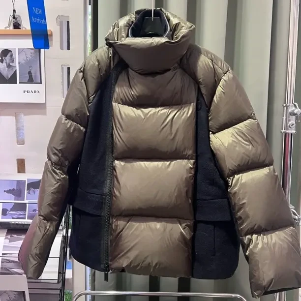 日本小众品牌假两件拼接款羽绒外套时尚冬季中长款加厚羽绒服