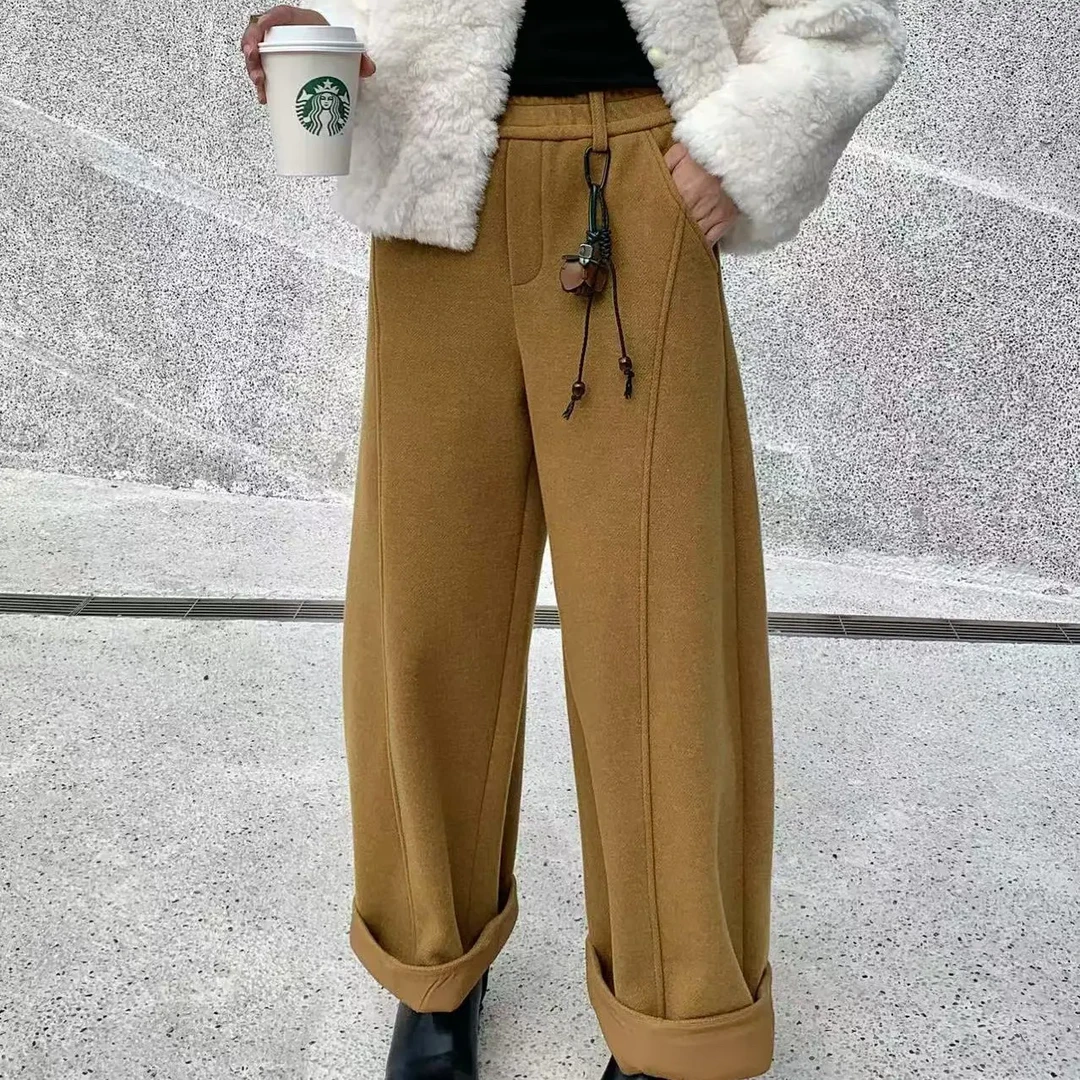 2025冬季高腰显瘦加绒加厚天丝羊毛休闲裤女百搭十分阔腿弯刀裤