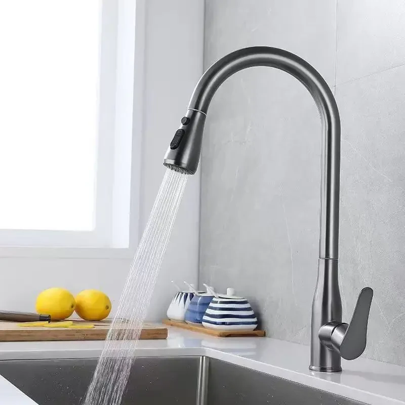 九牧王抽拉式厨房冷热水龙头阳台菜盆通用大弯旋转抽拉升降枪灰色