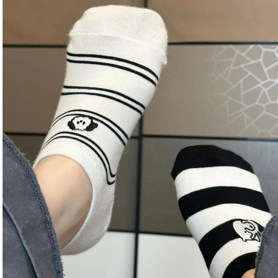 小狗船袜子夏季薄款条纹防滑不掉跟隐形袜透气可爱短袜白色棉袜st