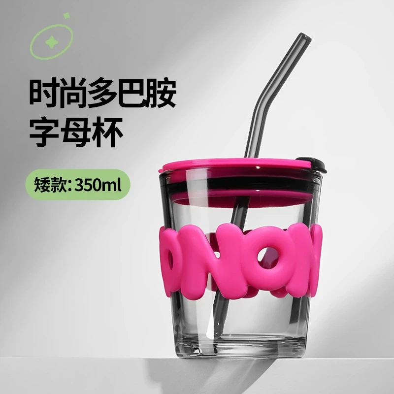网红玻璃杯字母吸管杯ins风咖啡饮料杯自行车水壶水杯