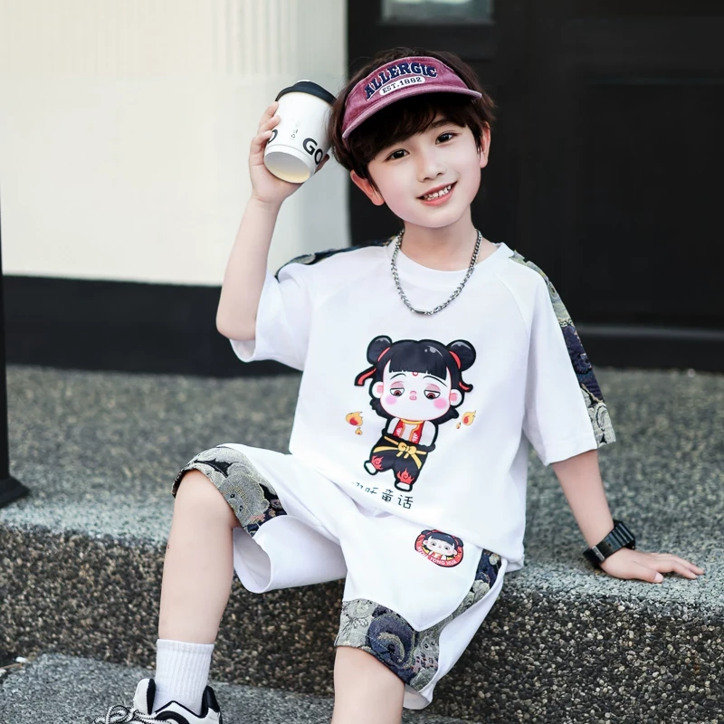 哪吒男童夏季套装2025新款儿童帅气短袖短裤两件套中小童男