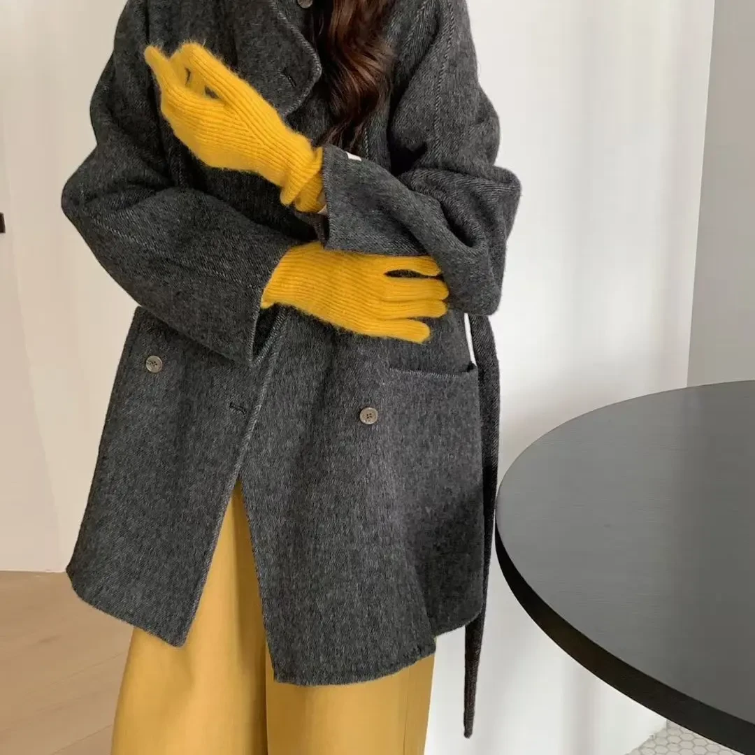 秋冬新款女中长款立领系带双面大衣宽松百搭外套