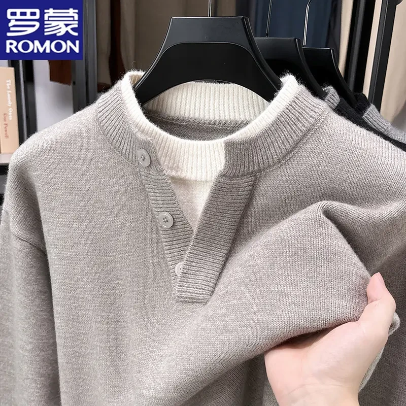罗蒙秋冬季新款男士时尚假两件针织衫商务休闲韩版套打底衫毛衣